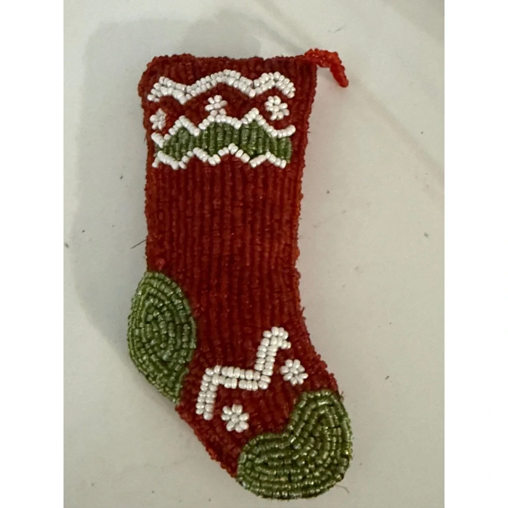 Vtg Beaded Christmas Stocking Ornament Red Green White Seed Bead Holiday Decor